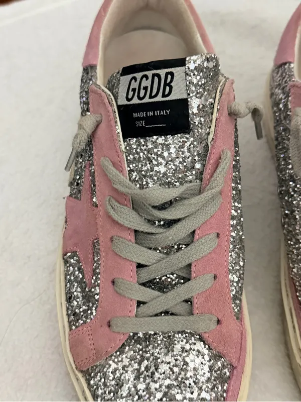 Golden Goose Hi Star Sneakers - Silver Glitter & Pink Suede Star (Size 38) - Image 2