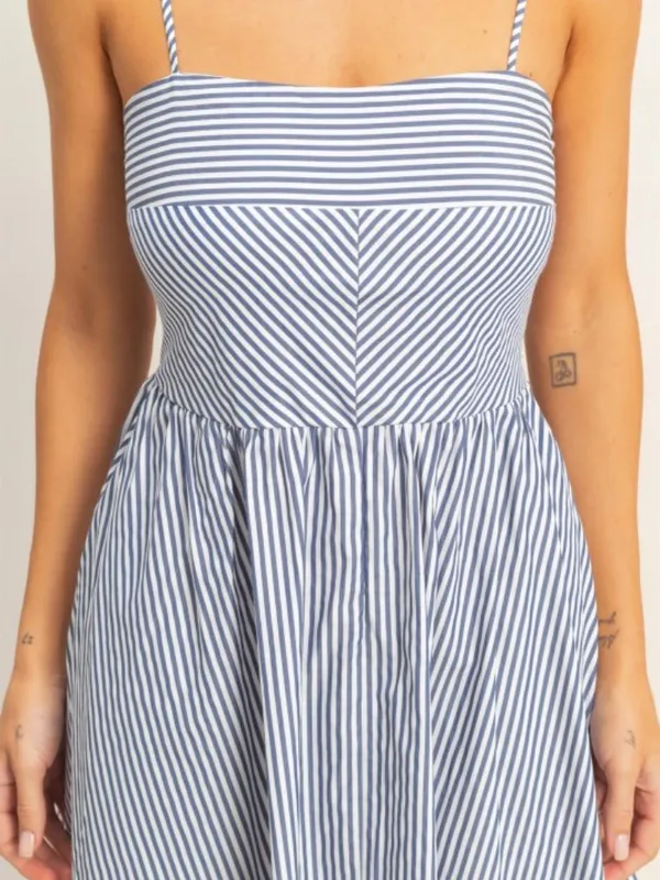 Navy White Striped Midi Dress Spaghetti Strap Size L - Image 3