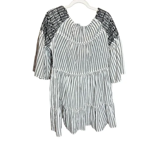 Free People Women's Boho Mini Lola Striped Dress White Black Tiered Embroidered‎ - Image 6