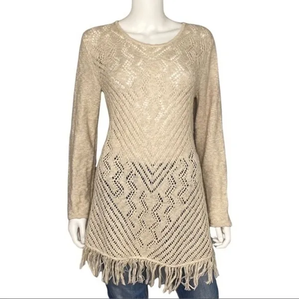 Style & Co Cream Tan Knit Fringe Boho Western Indie Desert Festival Sweater M - Image 2