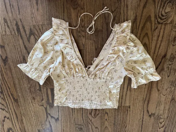 Free People Small Crop Short Sleeve V-Neck corset Ruffle Bow Cottage Coquette - Image 3