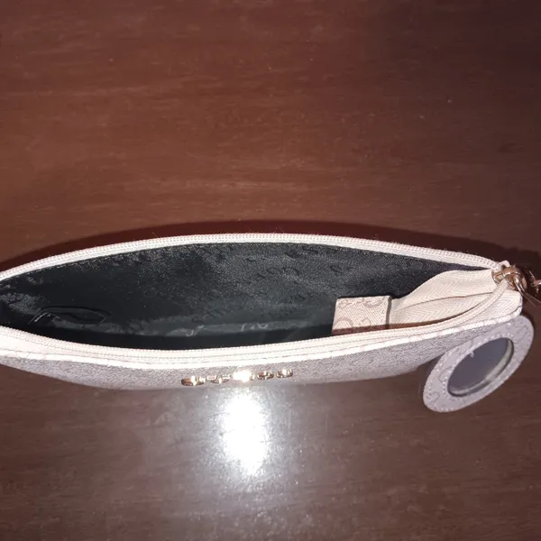 GUESS Logo Print Zipper Pouch / Cosmetic Bag with Compact Mirror Charm - Image 3