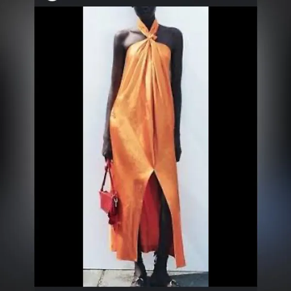 Zara Woman Collection Orange Jacquard Halter boho Dress NWT party resort 189$ - Image 2