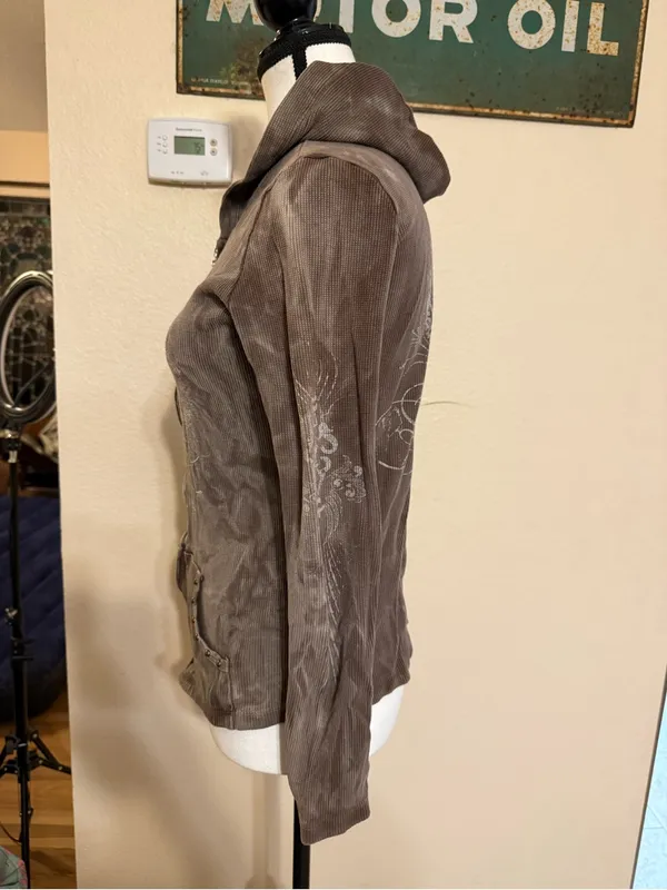 Sledge USA Zip Up Hoodie Women M Brown Studded Y2K Grunge Cyber Goth Wings - Image 3