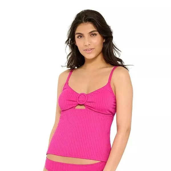 Freshwater O-Ring Cutout Tankini Top Sz L Pink Ribbed Keyhole Cami Bathing Suit - Image 2