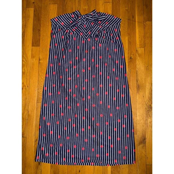 Vintage Navy Striped Polka Dot Dress Bow Neck Midi Dress Retro Sleeveless Red ML - Image 2
