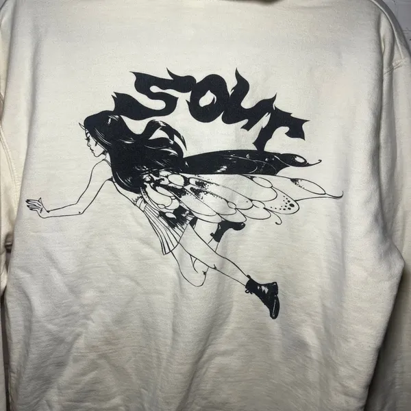✨Olivia Rodrigo Sour‎ Tour Cream Distressed Hoodie Fairy Art Wings Pullover Sz M - Image 6