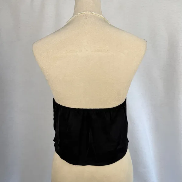 Black Satin Faux Pearl Halter Top Cropped Cowl Neck Evening Blouse Small Chic‎ - Image 3