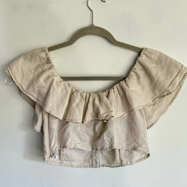 Zara‎ Women Linen Blend Beige Cropped Ruffle Cottagecore Boho Peasant Top Size S - Image 3