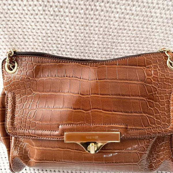 Nine West Cognac Brown Croc Embossed Textured Gold Chain Link Shoulder Bag Glam - Image 8