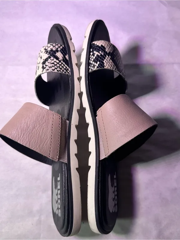 Sorel Two-Band Slide Sandals in Pink and Black Snake Print - Image 8