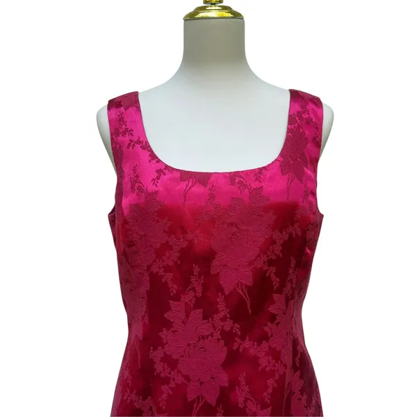 Hugo Buscati Sheath Dress 10 Red Floral Damask Satin 90s Party Glam Cocktail Y2K - Image 2
