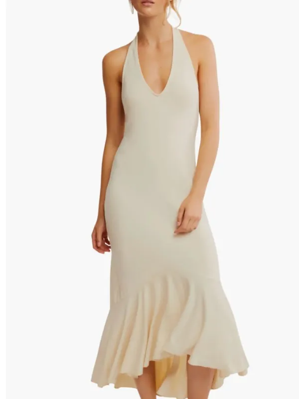 NWT Free People Alix Halter Midi Dress Large, BLEACHED SAND - Image 2