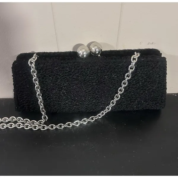 Million Wishes Black Textured Evening Clutch Purse Silver Kiss Lock Frame - Image 3
