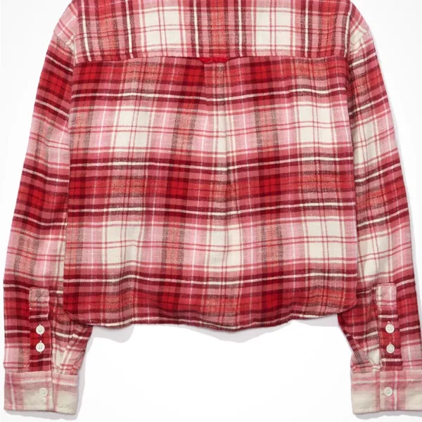 American Eagle Outfitters Pink Plaid Crop Flannel Shirt - Image 3