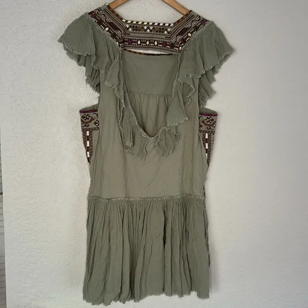 Free People Embroidered Boho Dress Aztec Southwestern Cottage Babydoll Sage Fall - Image 3