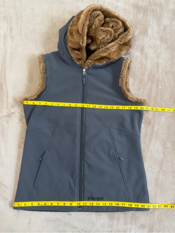 Marmot Furlong Softshell Vest Full Zip Faux Fur Lined Hooded Charcoal Gray Large - Image 6