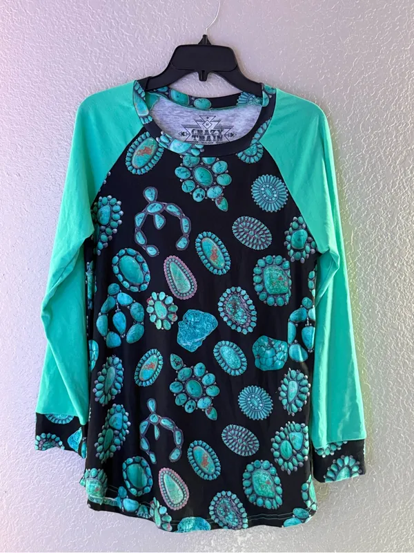 Crazy Train Turquoise Jewelry Print Western Boutique Raglan Top Medium M Cowgirl - Image 7