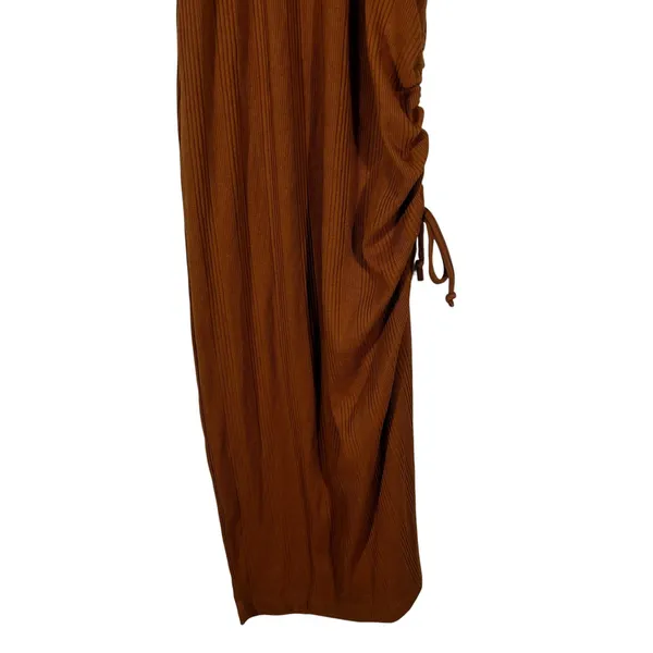 Aerie Ribbed Side Drawstring Bodycon Midi Dress Rust Brown Casual Size XS - Image 3