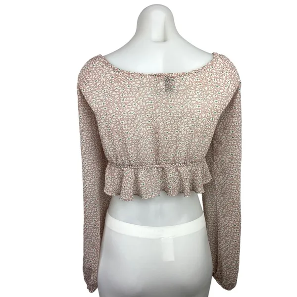 Princess Polly Pink Floral V Neck Tie Front Long Sleeve Peplum Crop Top Size 6 - Image 2