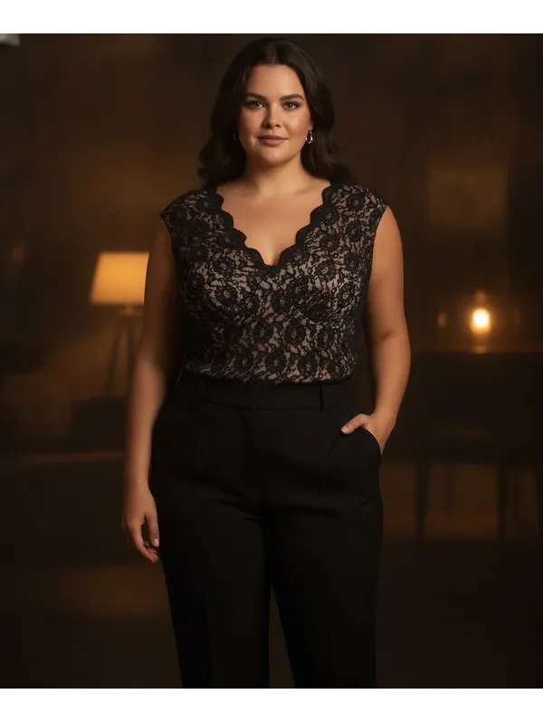 My Favorite Things by Colleen Lopez Black Floral Lace Overlay V Neck Top 2X - Image 5