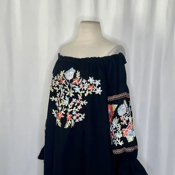 FREE PEOPLE Fleur Du Jour Mini Dress Black Floral Embroidered Off Shoulder Small - Image 7