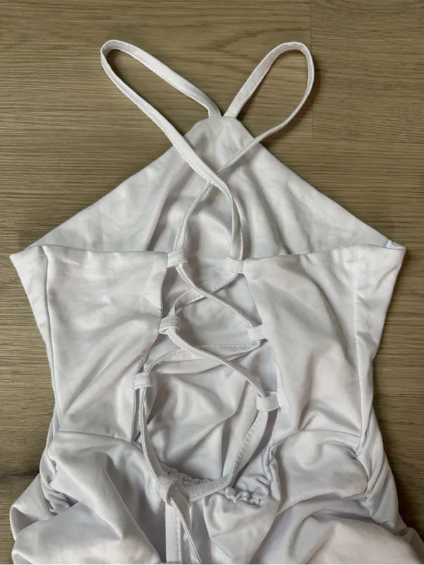 Ruched Halter Mini Dress with ruched sides and open back in White - Image 4
