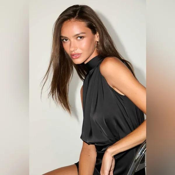 LULU’S Classic Elegance Black Satin Sleeveless Mock Neck Mini Dress - Image 3