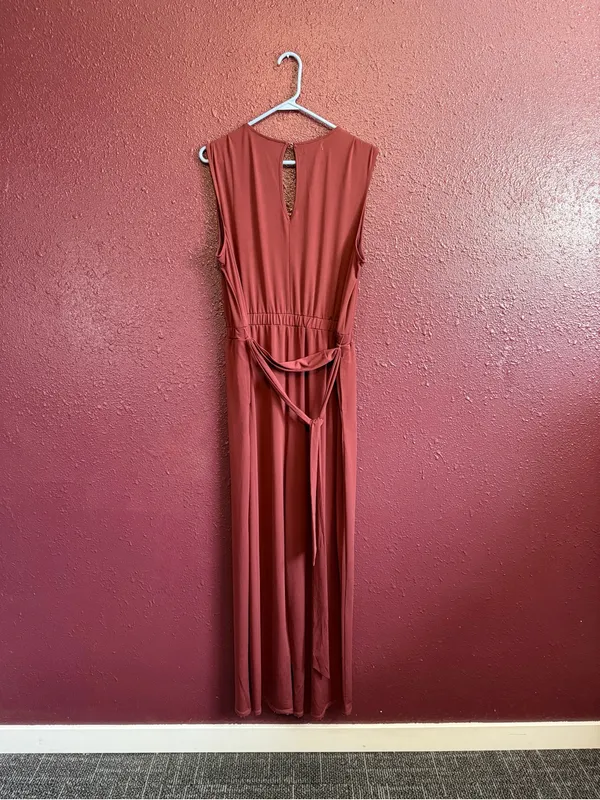 Maurices Maroon Jumpsuit Lace Trim, Soft Knit Sleeveless Wide Leg V Neck X Large - Image 6