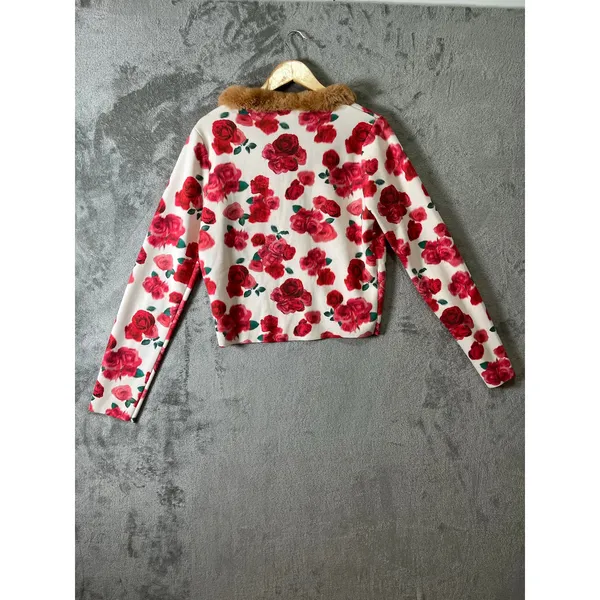 For Love & Lemons Carol Floral‎ Cardigan Faux Fur Rose Print Coquette Wool XL - Image 5