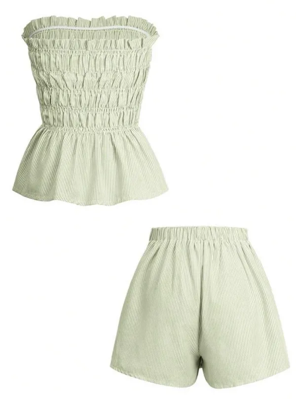 SheIn Women's Summer Beach Vacation 2 Piece Set - Striped Ruffled Bandeau Top And Shorts - Image 3