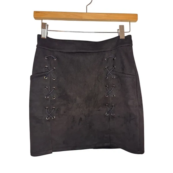 Womens Black Mini Skirt Size S Faux Suede Lace-Up Grommet Back Zip - Image 3