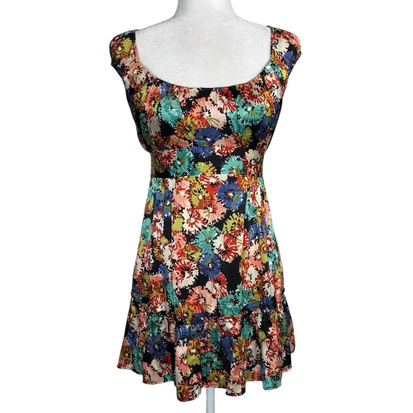 Nanette Lepore 100% Silk Mini Babydoll‎ Dress 10 Dark Floral Tiered Whimsy Fairy - Image 3