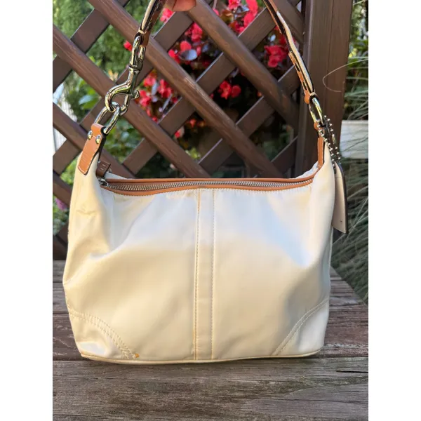 Coach Hampton Hobo Nylon Cream Tan Leather Shoulder Bag F11668 - Image 4