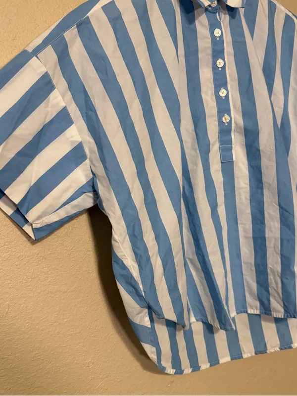 LOFT Blue Striped Short-Sleeve Button Front Top Size XXS Petite - Image 2