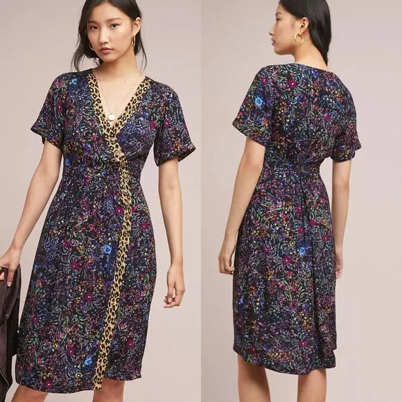 Anthropologie Maeve Cheetah Floral Multi‎ Purple Dress Knee Length Womens Size 0 - Image 2
