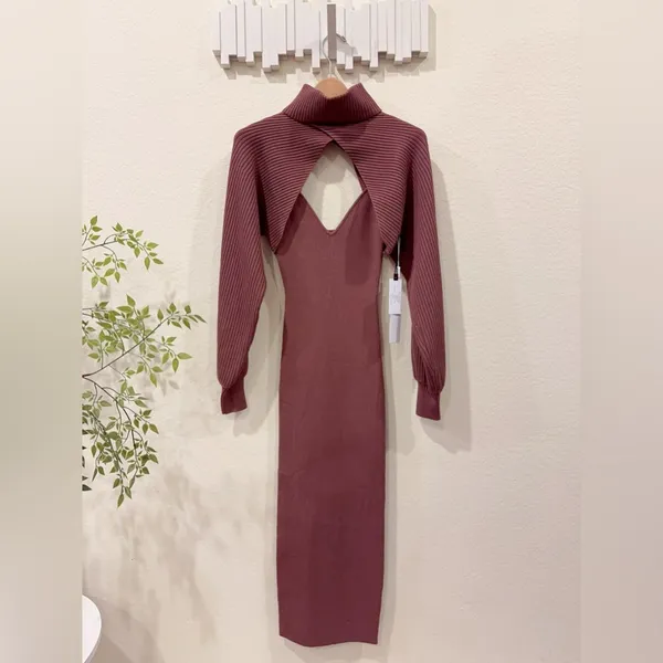 ASTR Jodie Mauve Two Piece Cutout Ribbed Knit Midi Sweater Dress Small NWT - Image 4