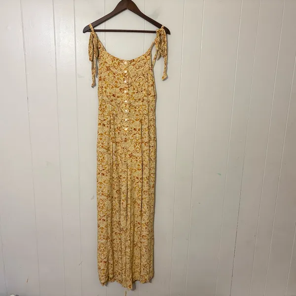Free People Boho Maxi Dress M Yellow Paisley Smocked Tie Strap Flowy Festival - Image 2