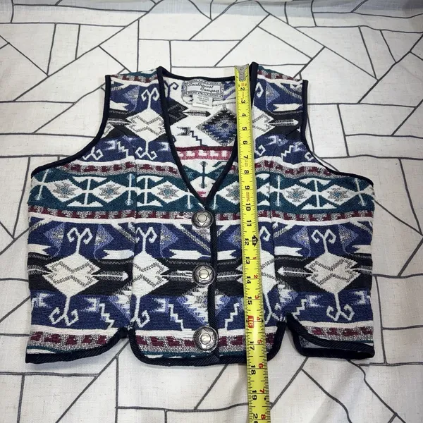 Southwest Canyon Geometric Jacquard Vest M Blue‎ VTG 90s Western Crop Aztec - Image 8