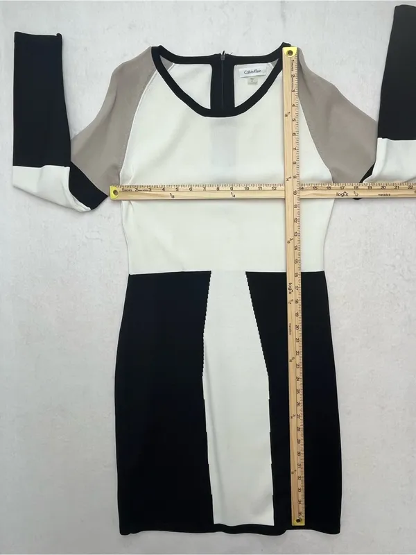 Calvin Klein Black White Taupe Long Sleeve Colorblock Knit Midi Dress Medium - Image 9
