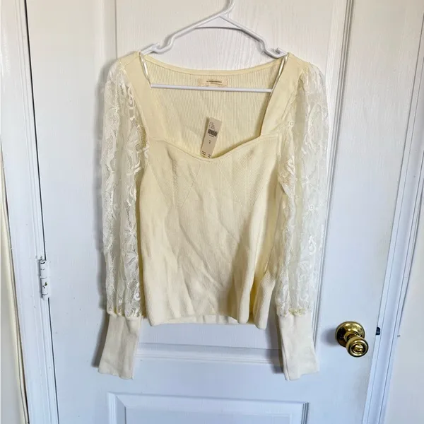 Anthropologie NEW Lace Sleeve Cream Sweater Top - Image 3