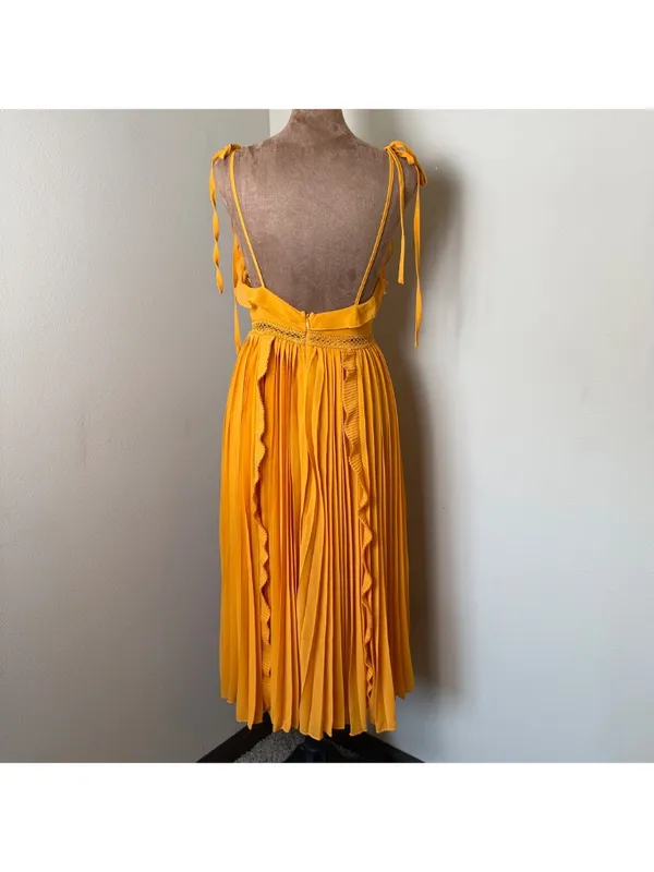 Lulus Never a Dull Moment Pleated Midi Dress Womens Small Marigold Yellow Ruffle - Image 3