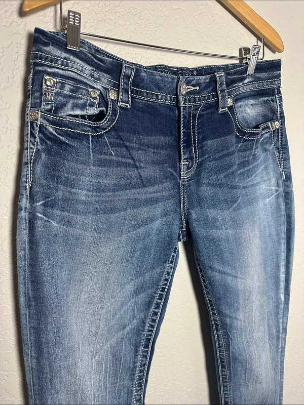 Miss Me Jeans Women's Blue Diamond Studded Pockets Y2K Bling Cowgirl - Image 4