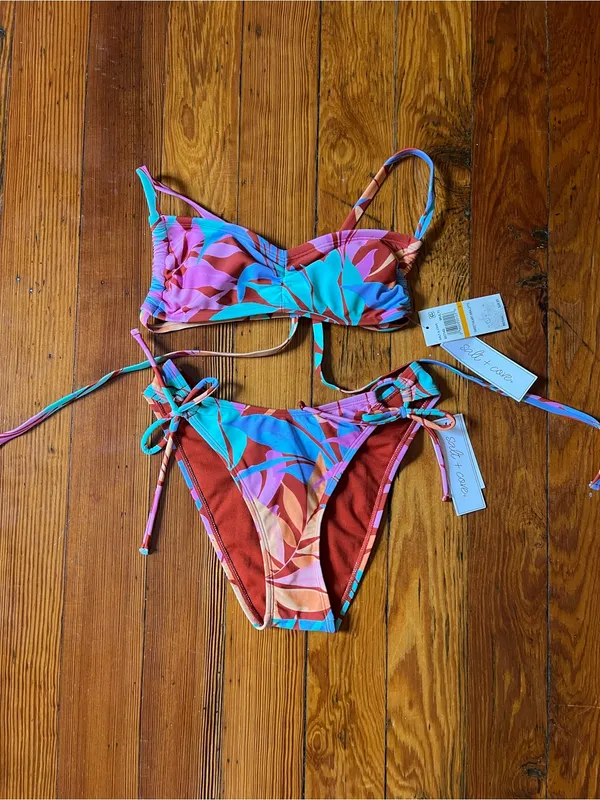 Salt + Cove Multicolor Tropical Leaf Bikini in Pink, Teal & Orange - Image 2