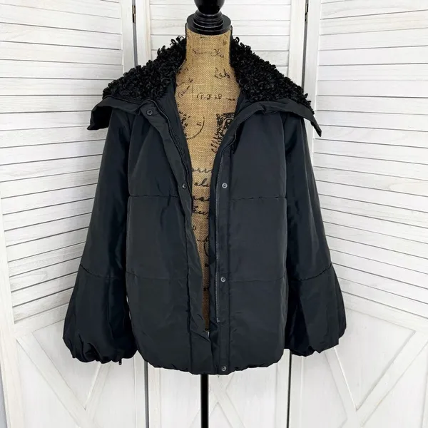 Simply Vera Puffer Jacket Faux Fur Collar Hood‎ Black Medium Balloon Sleeve - Image 3