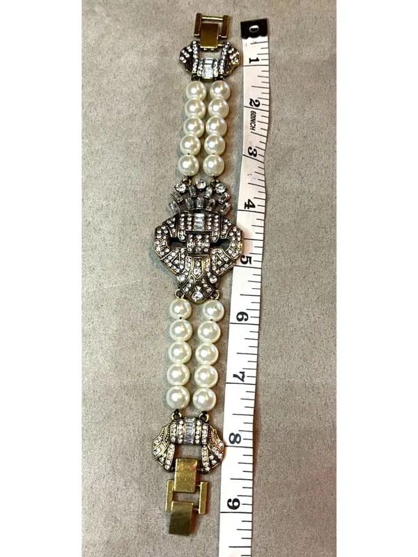 Vintage 90s Art Deco Style Multi Strand Faux Pearl Bracelet Crystal Rhinestone C - Image 6