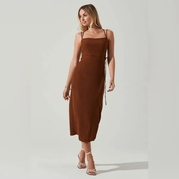 ASTR Brinda Boho Summer Vacation Faux Wrap Midi Dress in Brown One Size NWT - Image 11