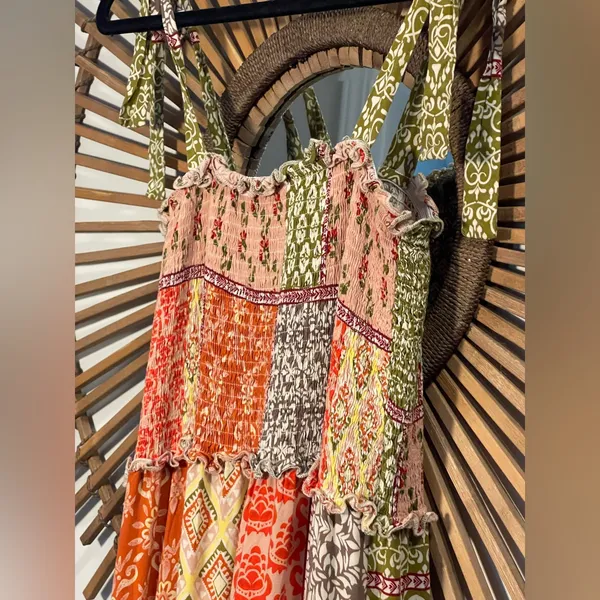 Abel the Label Bohemian Multicolor Patchwork Smocked Maxi Dress with Tie Straps - Image 9