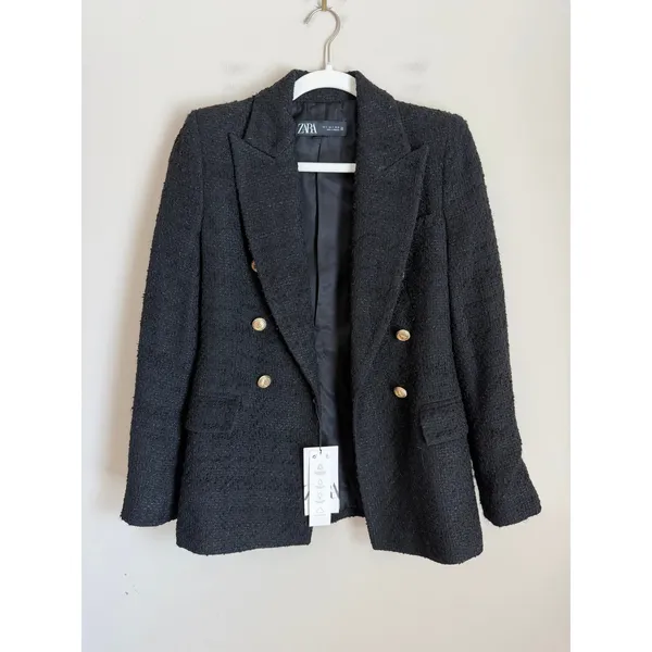 Zara Tweed Tailored Blazer Women Size S Black Double Breasted Gold Button NWT - Image 2