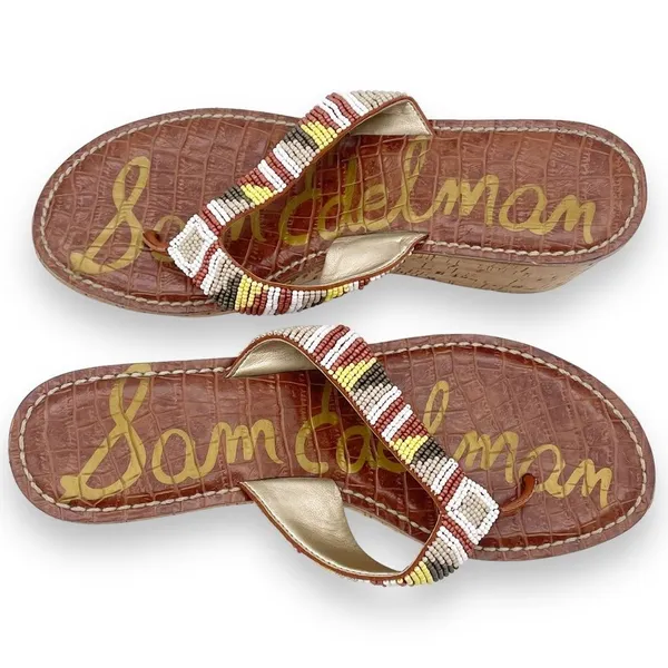 Sam Edelman Rosa Nude Ginger Beaded Thong Cork Wedge Sandal Flip Flop Size 8.5 - Image 3